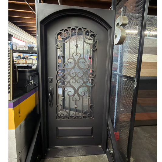 Center Crest Iron Door – Arched Single Security Door with Rain Glass & Screen