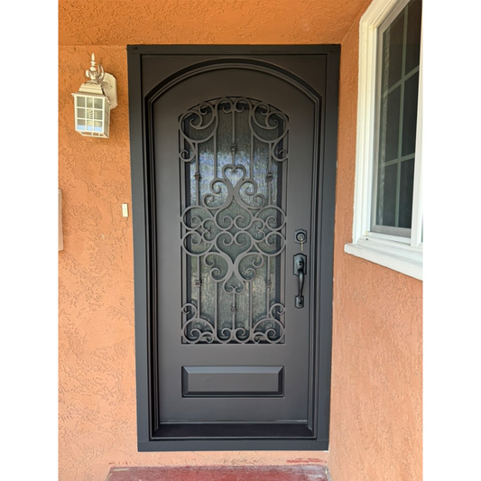 Center Crest Iron Door – Arched Single Security Door with Rain Glass & Screen