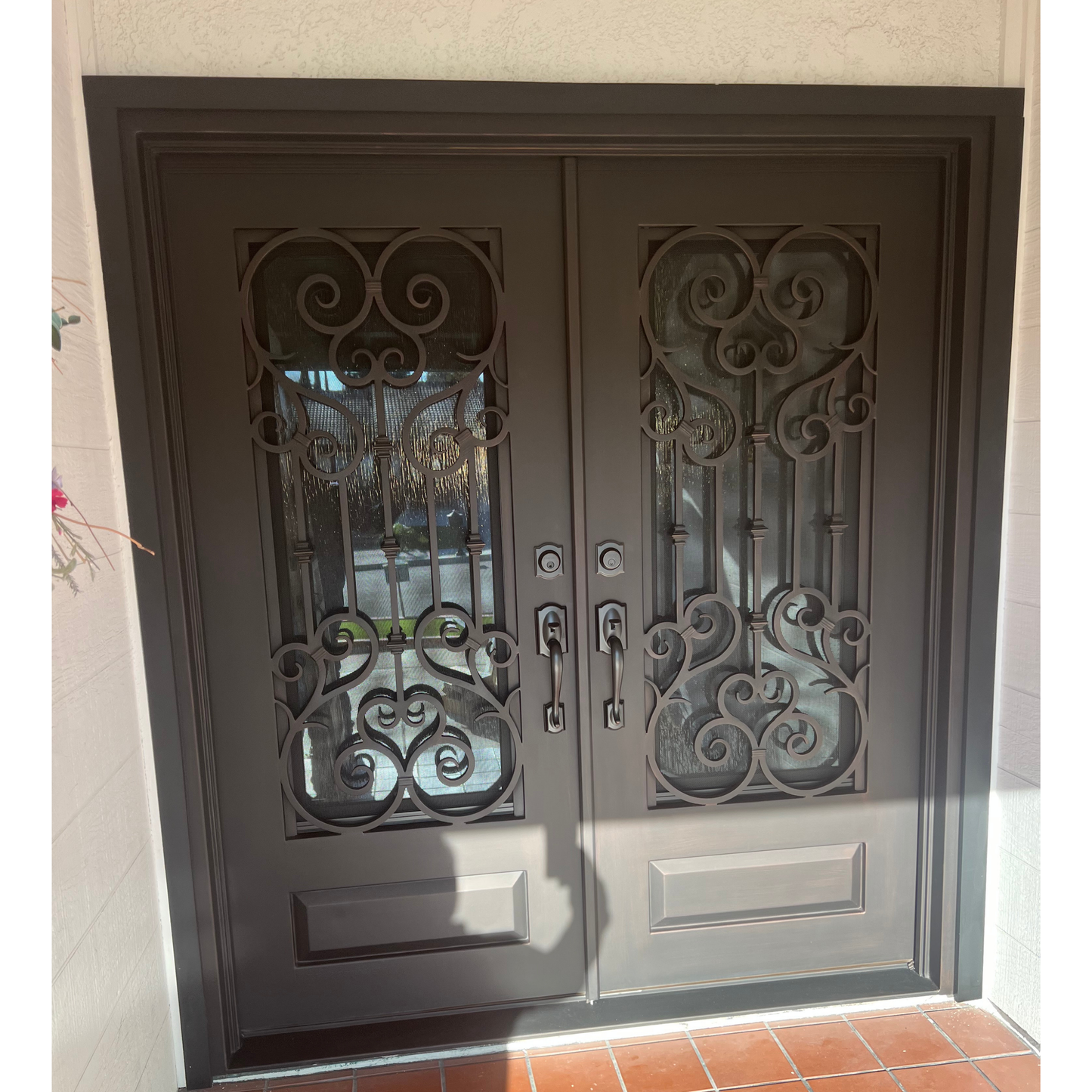 Amor Heart Iron Door – Double Security Door with Rain Glass & Screen