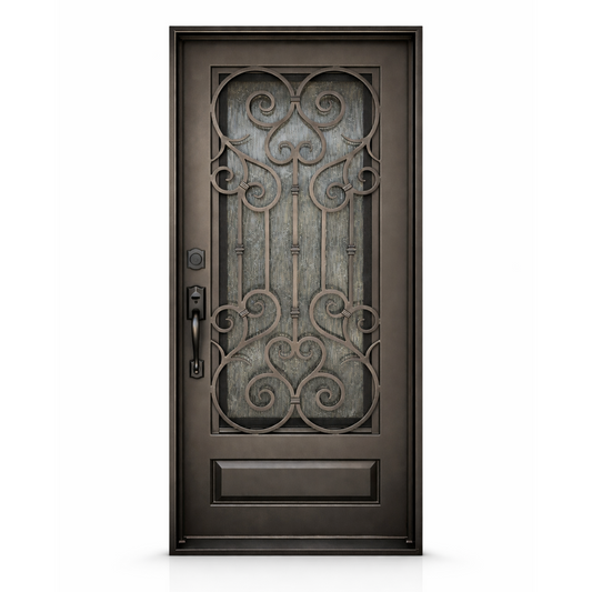 Decorative wrought iron door with intricate patterns on a white background