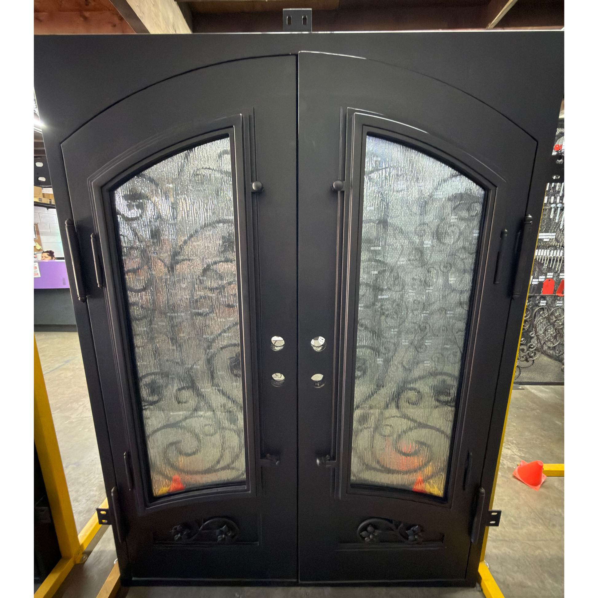 Decorative glass door with intricate patterns in a room setting