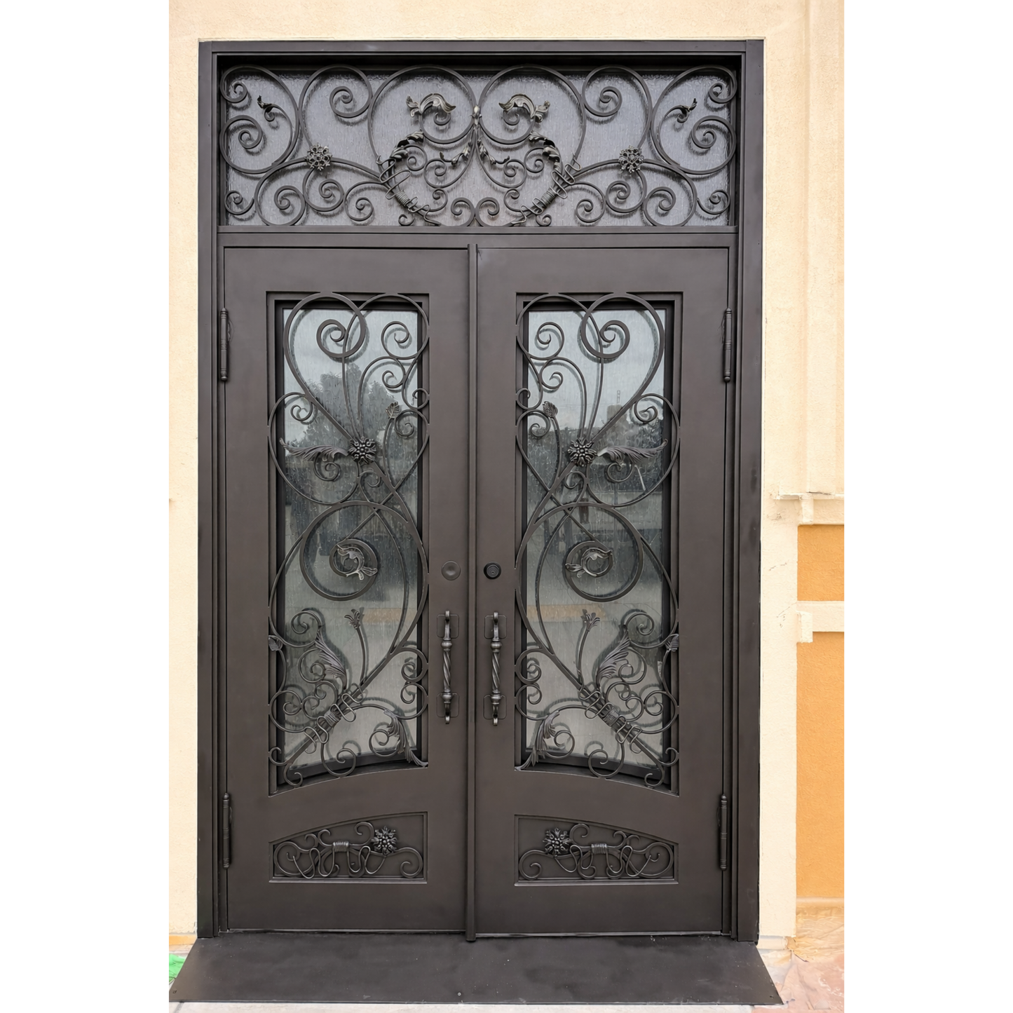 Iron metal door with decorative glass panel 