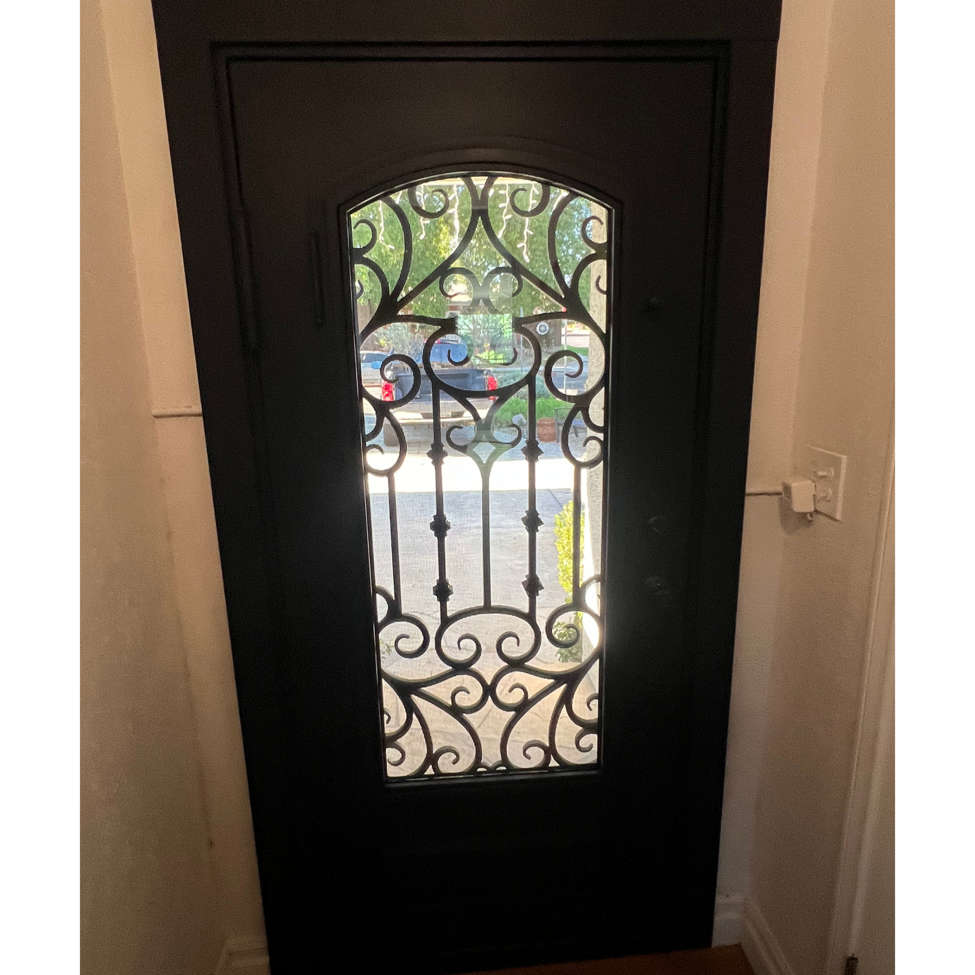 Decorative glass door with intricate metalwork in a home setting