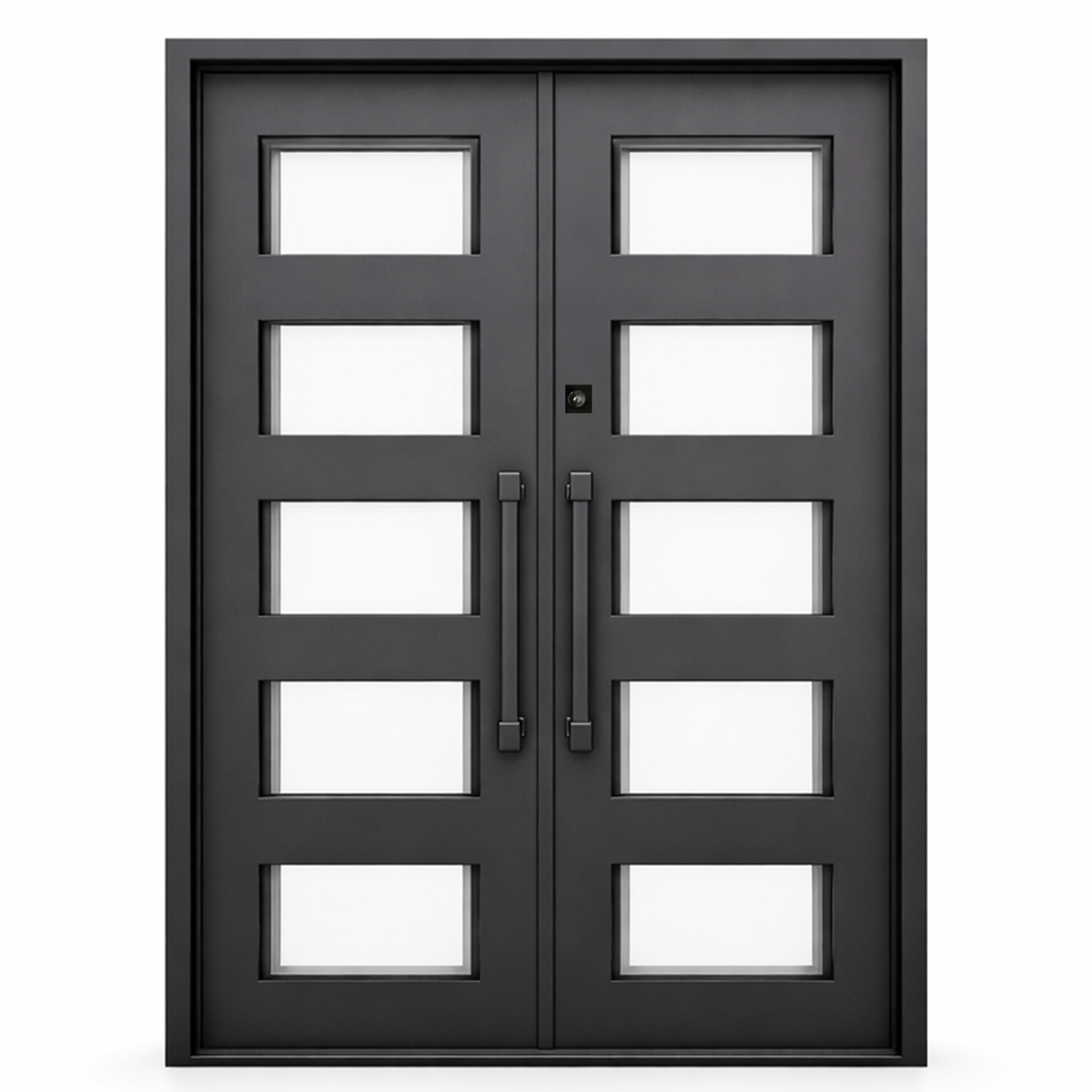 Modern black double door with glass panels on a gray background