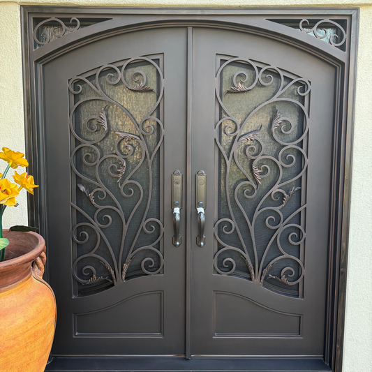 Decorative black iron double door with intricate patterns on a white wall.